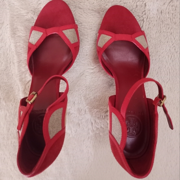Tory Burch Rare NWT Red Volcan Suede and Tweed Art Deco Ankle Strap Heels - Picture 5 of 5